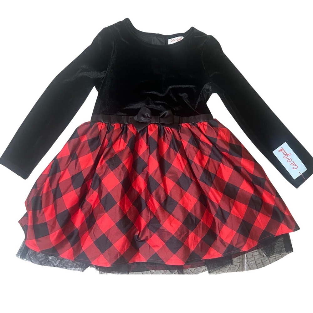 Cat & Jack Dress Girls 5T Red Black New Velvet Buffalo Plaid